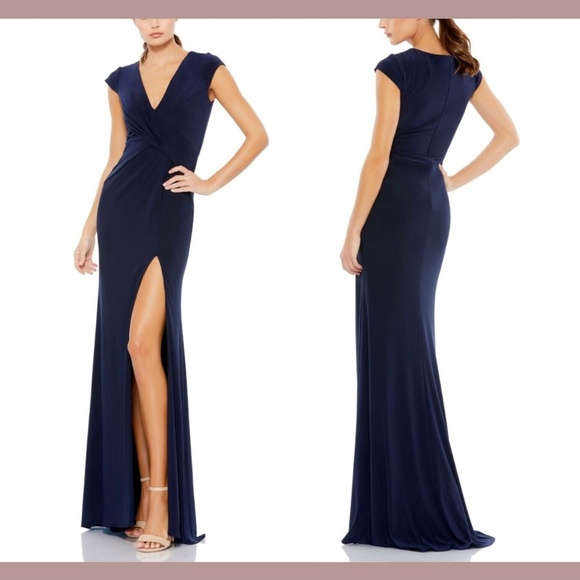 NEW $298‎ IEENA by Mac Duggal [ 12 ] Cap Sleeve V-Neck Jersey Gown in Navy - Picture 1 of 15